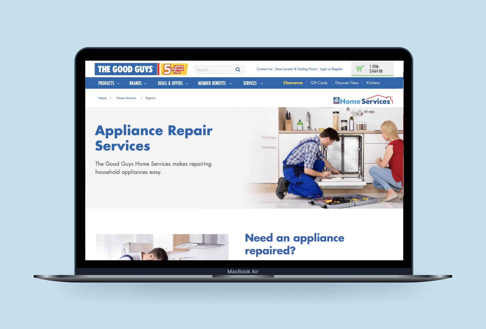 Pic of Good Guys Home Services section of website