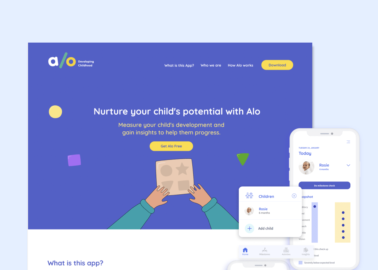 Screenshots of Alo website and mobile app